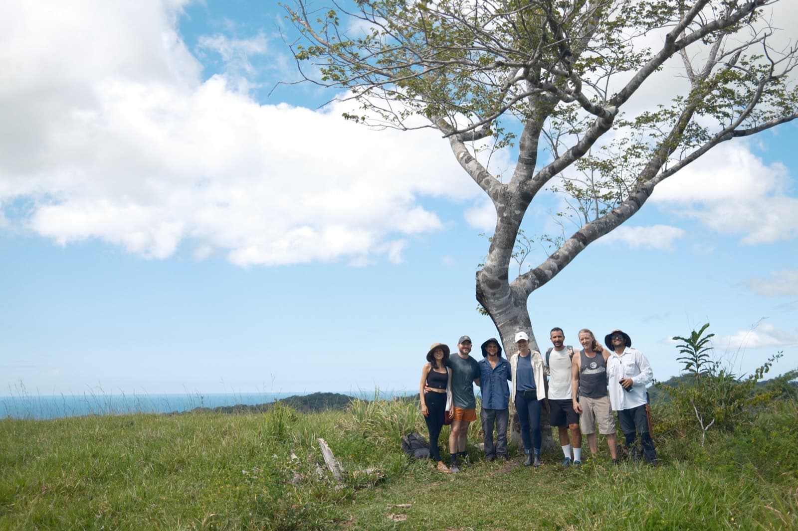 A group of residents standing beneath a lone tree on a hilltop, the Pacific behind them